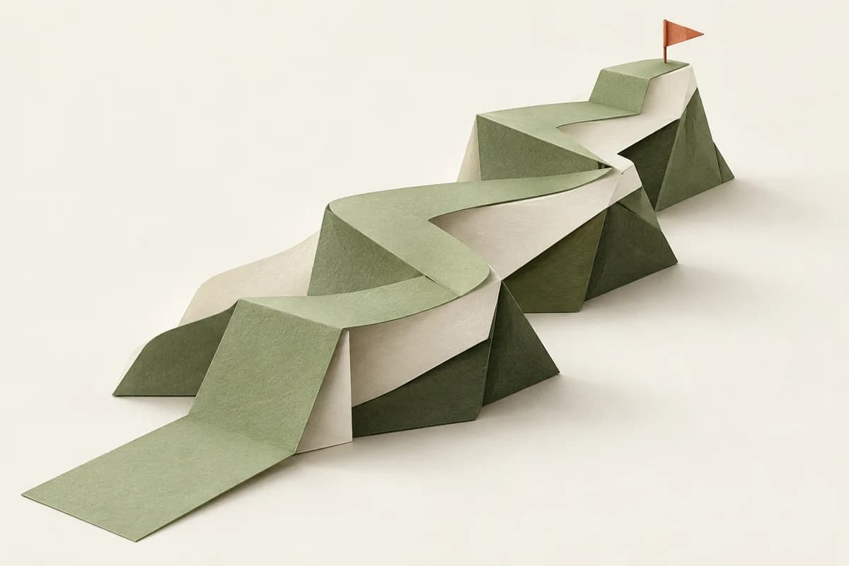 Um caminho de papel dobrado segue até uma pequena bandeira, como os passos de um novo plano.
